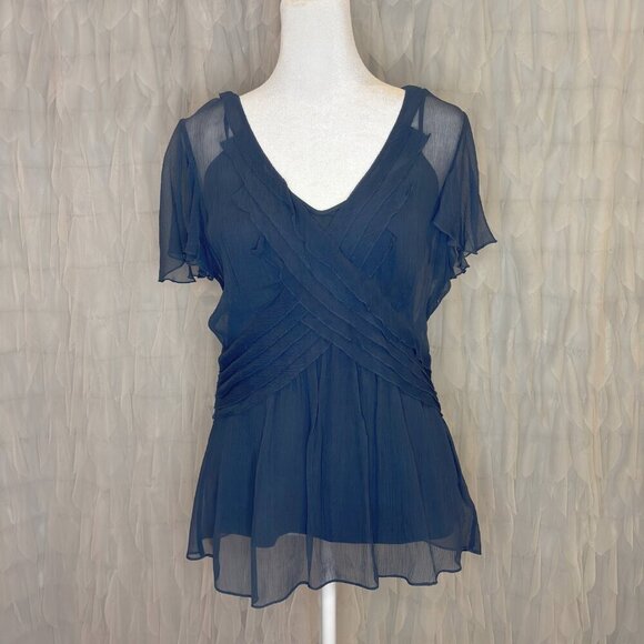 BCBGMAXAZRIA Navy Chiffon Pleated Flutter Sleeve Blouse | Women’s Size Medium - Picture 3 of 7